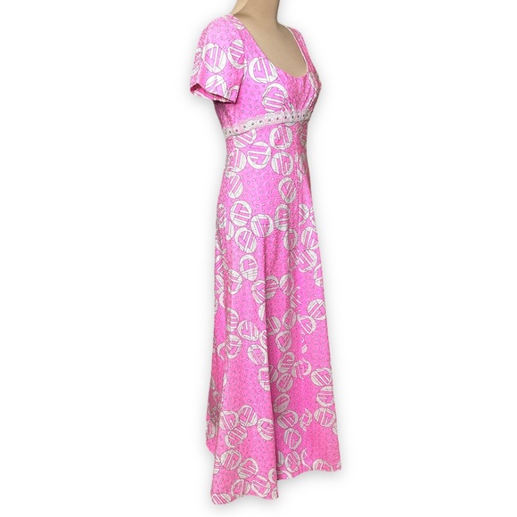 Vintage 60s 70s Harmay Maxi Formal Dress Pink White Geometric Print Size Small - Picture 7 of 17